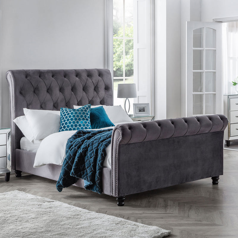 Valentino Grey Velvet Sleigh Bed Frame