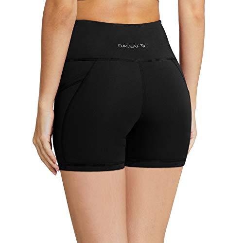 BALEAF Women's 5" High Waist Workout Yoga Running Compression Exercise Volleyball Spandex Shorts with Pockets Black S