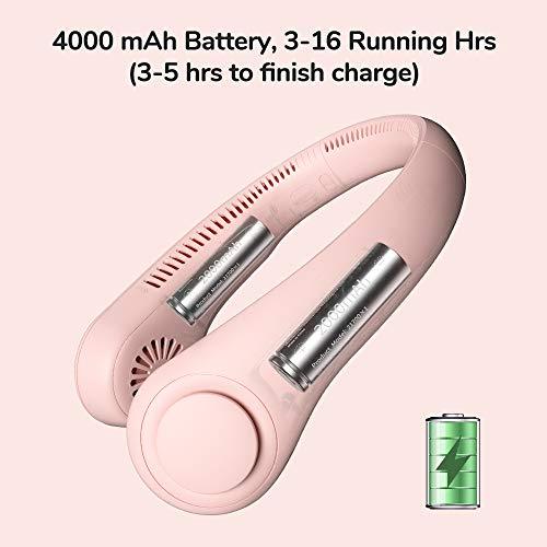 JISULIFE Portable Neck Fan, Hands Free Bladeless Fan, 4000 mAh Battery Operated Wearable Personal Fan, Leafless, Rechargeable, Headphone Design, USB Powered Desk Fan,3 Speeds-Pink