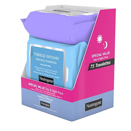 Neutrogena Day & Night Wipes with Makeup Remover Face Cleansing Towelettes & Night Calming Facial Cloths, Alcohol-Free Wipes to Remove Dirt, Oil & Waterproof Mascara, 3 Packs of 25 ct, 75 ct