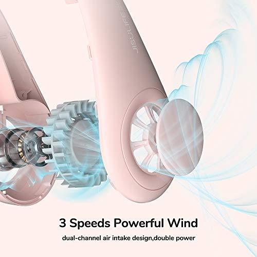 JISULIFE Portable Neck Fan, Hands Free Bladeless Fan, 4000 mAh Battery Operated Wearable Personal Fan, Leafless, Rechargeable, Headphone Design, USB Powered Desk Fan,3 Speeds-Pink