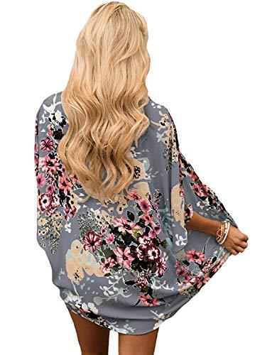 Women's Floral Chiffon Kimono Cover Ups Tops Beach Lightweight Summer Cardigans Thin Sheer Boho 3/4 Sleeve Shirts X-Large Blue