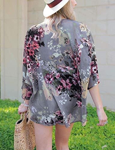 Women's Floral Chiffon Kimono Cover Ups Tops Beach Lightweight Summer Cardigans Thin Sheer Boho 3/4 Sleeve Shirts X-Large Blue