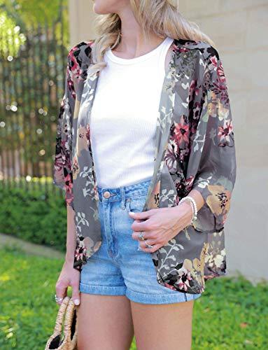 Women's Floral Chiffon Kimono Cover Ups Tops Beach Lightweight Summer Cardigans Thin Sheer Boho 3/4 Sleeve Shirts X-Large Blue