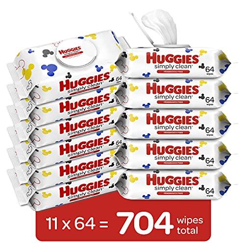 Baby Wipes, Unscented, Huggies Simply Clean Fragrance-Free Baby Diaper Wipes, 11 Flip Lid Packs (704 Wipes Total)