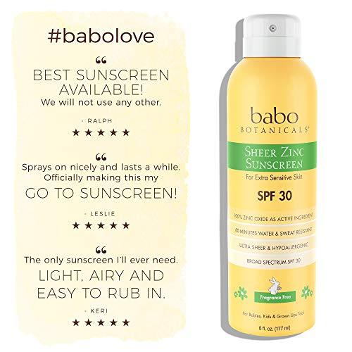 Babo Botanicals Sheer Zinc Continuous Spray Sunscreen SPF 30 with 100% Mineral Active, Non-Nano, Water-Resistant, Reef-Friendly, Fragrance-Free, Vegan, for Babies, Kids or Sensitive Skin - 6 oz.