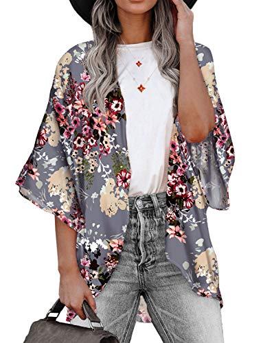 Women's Floral Chiffon Kimono Cover Ups Tops Beach Lightweight Summer Cardigans Thin Sheer Boho 3/4 Sleeve Shirts X-Large Blue