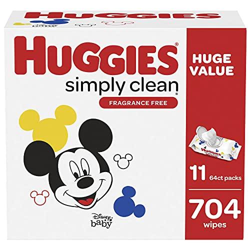 Baby Wipes, Unscented, Huggies Simply Clean Fragrance-Free Baby Diaper Wipes, 11 Flip Lid Packs (704 Wipes Total)