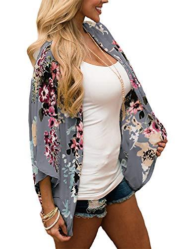 Women's Floral Chiffon Kimono Cover Ups Tops Beach Lightweight Summer Cardigans Thin Sheer Boho 3/4 Sleeve Shirts X-Large Blue